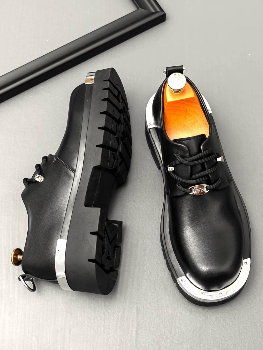 Men's Black Leather Derby with Metal Trim